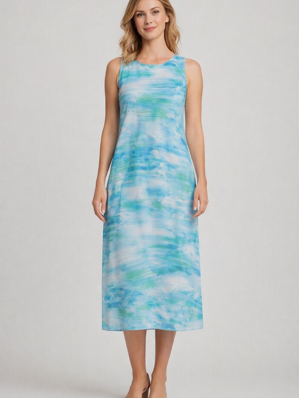 Calvin Klein Dress Blue Watercolor Size Large Sheer Pullover Midi Summer Beach